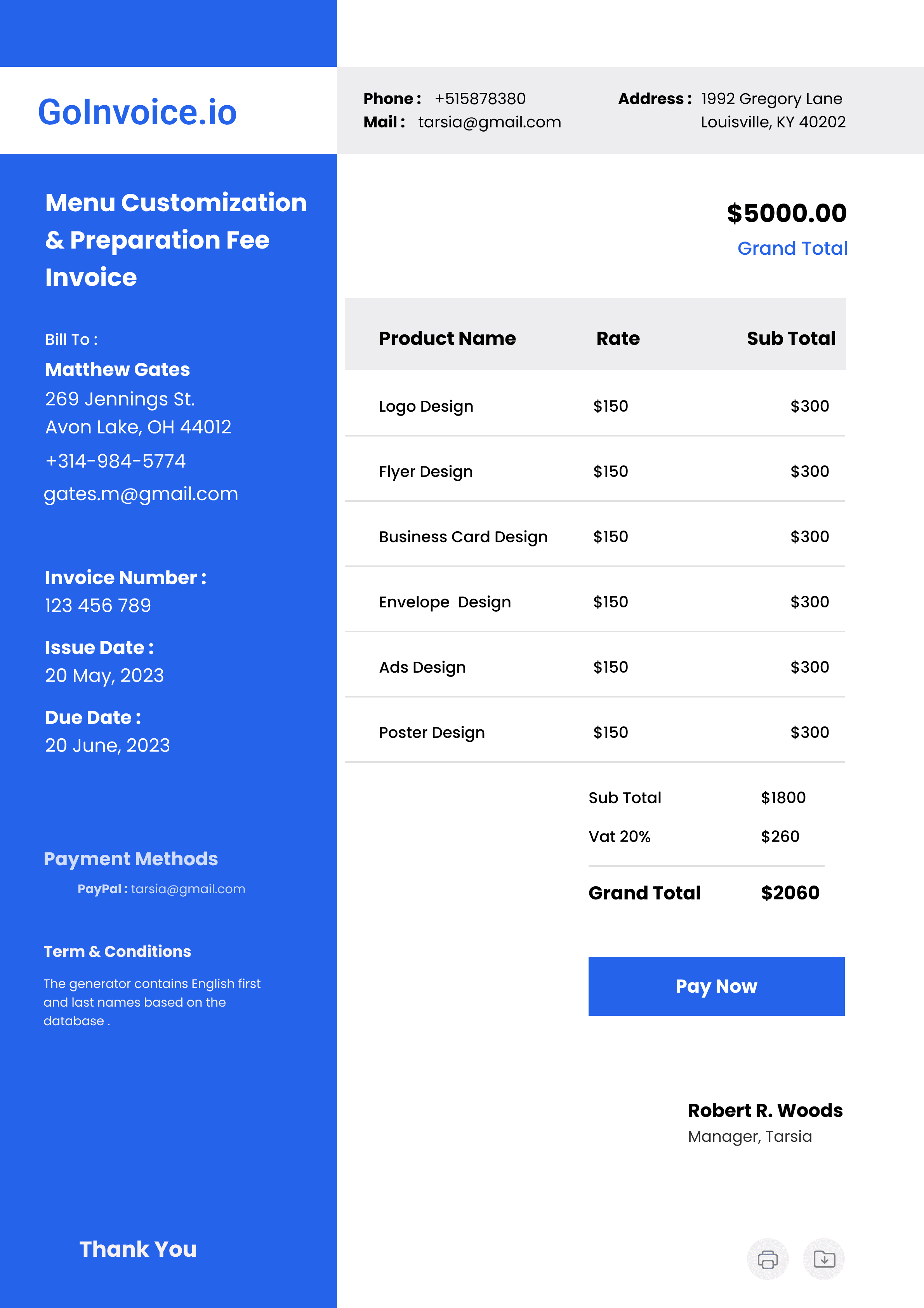 Menu Customization & Preparation Fee Invoice