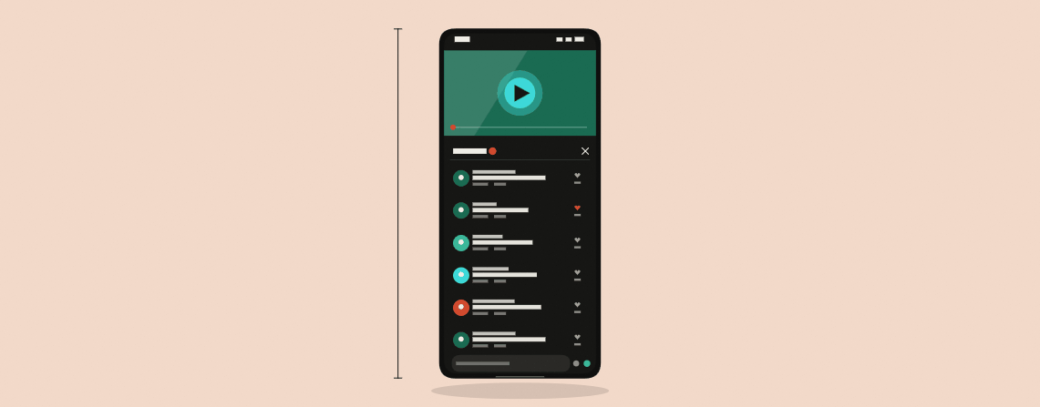 Vertical phone showing a TikTok comments-open view with a horizontal video fitting cleanly on top and comments scrolling upward below on rose cream — TikTok favors widescreen video. Raised Media Co.