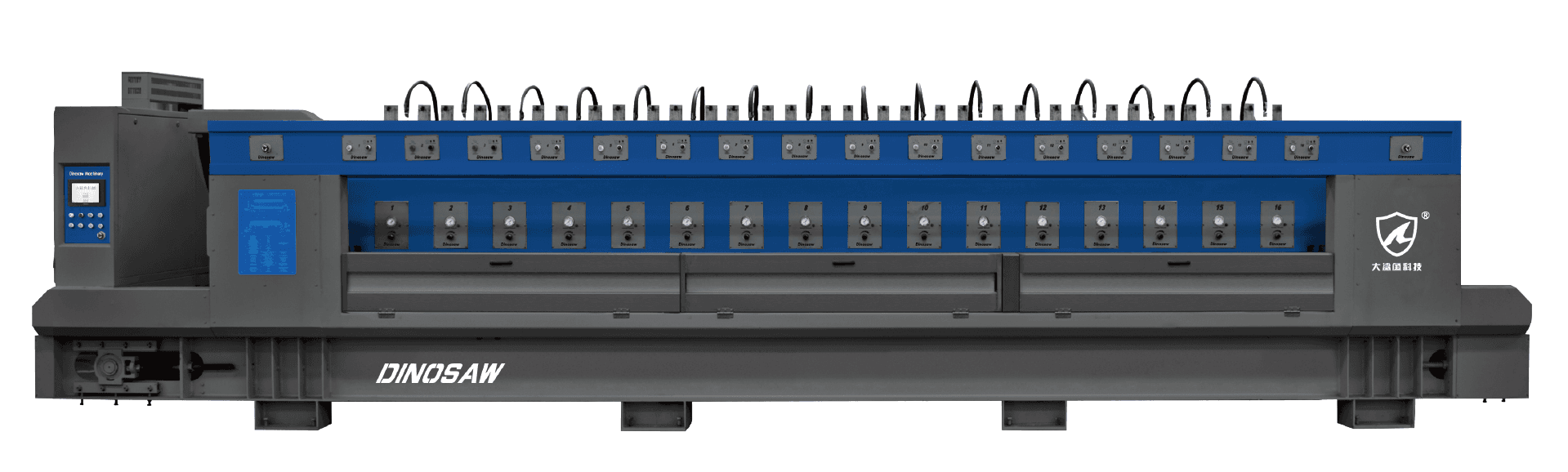 Dinosaw Fully-Automatic Polishing Machine with multiple heads, featuring an industrial-grade design for polishing marble and granite with resin abrasives. It offers high efficiency and low power consumption, making it ideal for large-scale stone processing.