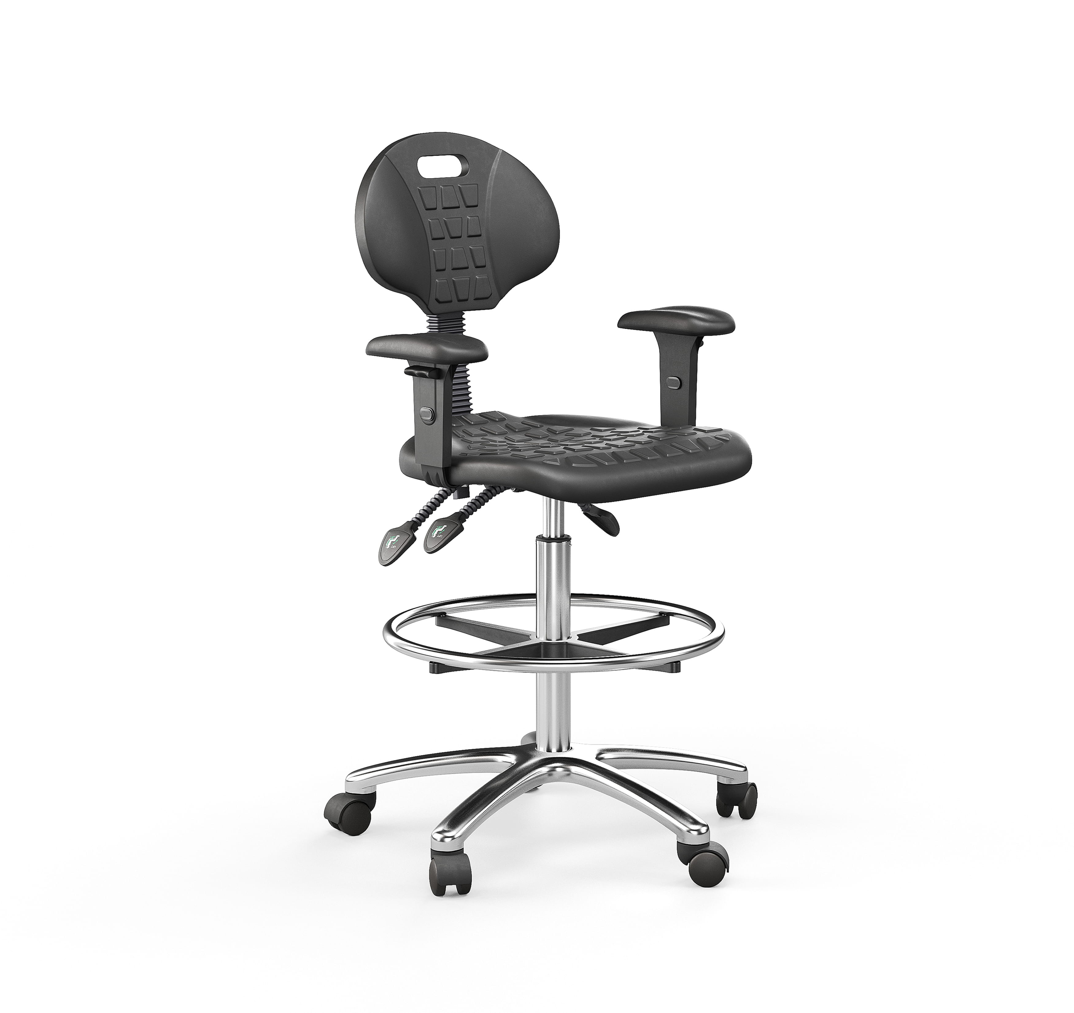 Ergonomic laboratory chair with adjustable height, armrests, and foot ring base