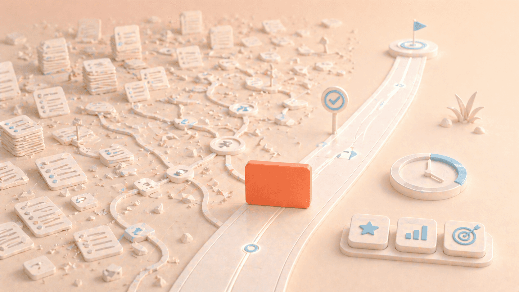 Minimalistische 3D-Illustration einer korallfarbenen Fokuskarte auf einem klaren, schmalen Prioritätspfad, während daneben ein weitläufiges Feld aus gestapelten Aufgabenlisten, verzweigten Auswahlpfaden und fragmentierten Karten in weicher Unordnung liegt; ergänzt durch dezente Zeit-, Ziel- und Fortschrittssymbole, die den Kontrast zwischen klarer Priorisierung und überforderndem Listen-Chaos darstellen.