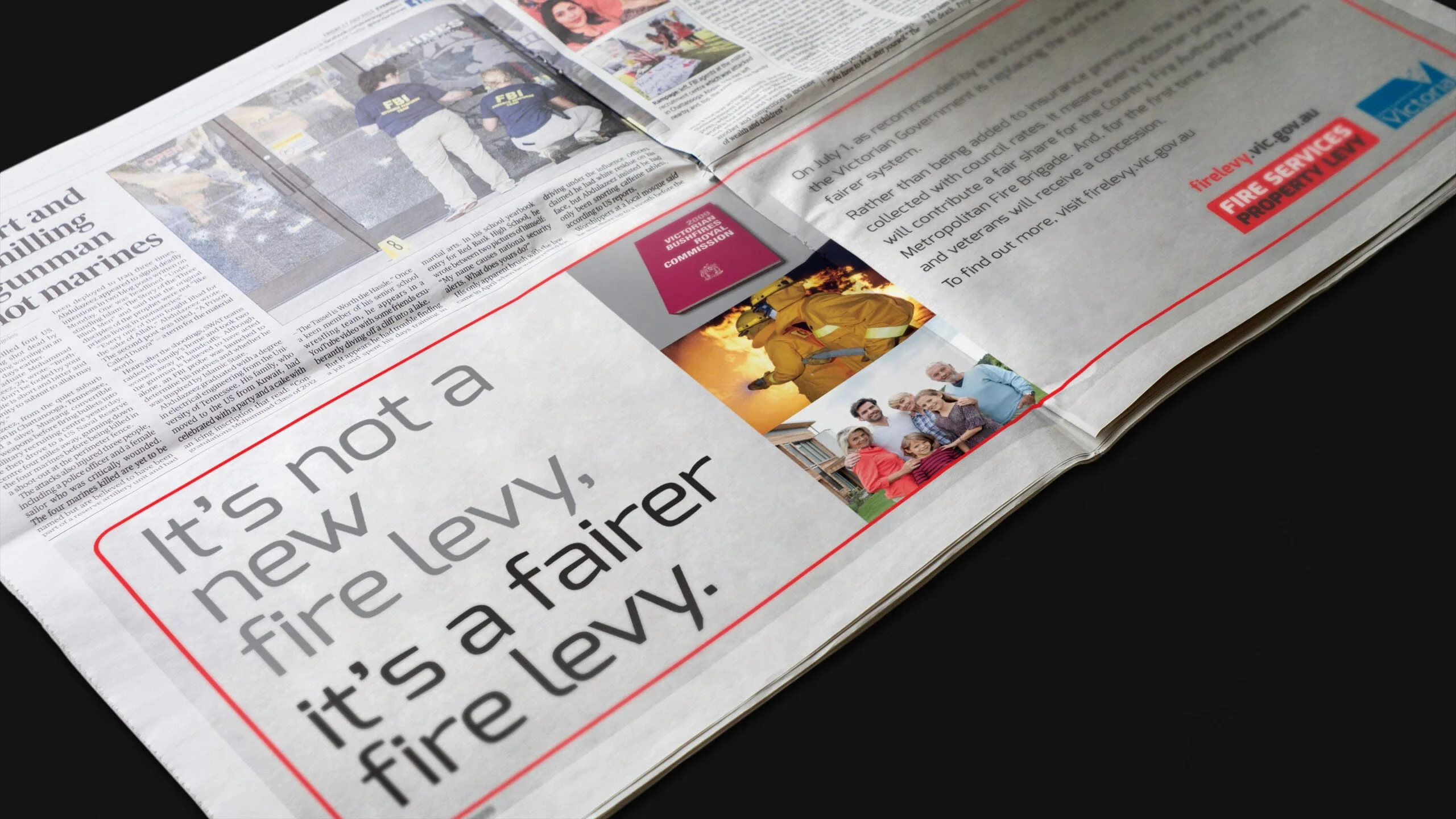 Newspaper ad 'It's not a new fire levy, it's a fairer fire levy.' with firefighters, a family and the levy logo