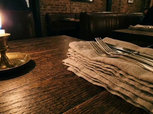 Folded linen napkins and silver cutlery beside a brass candlestick on an oak table