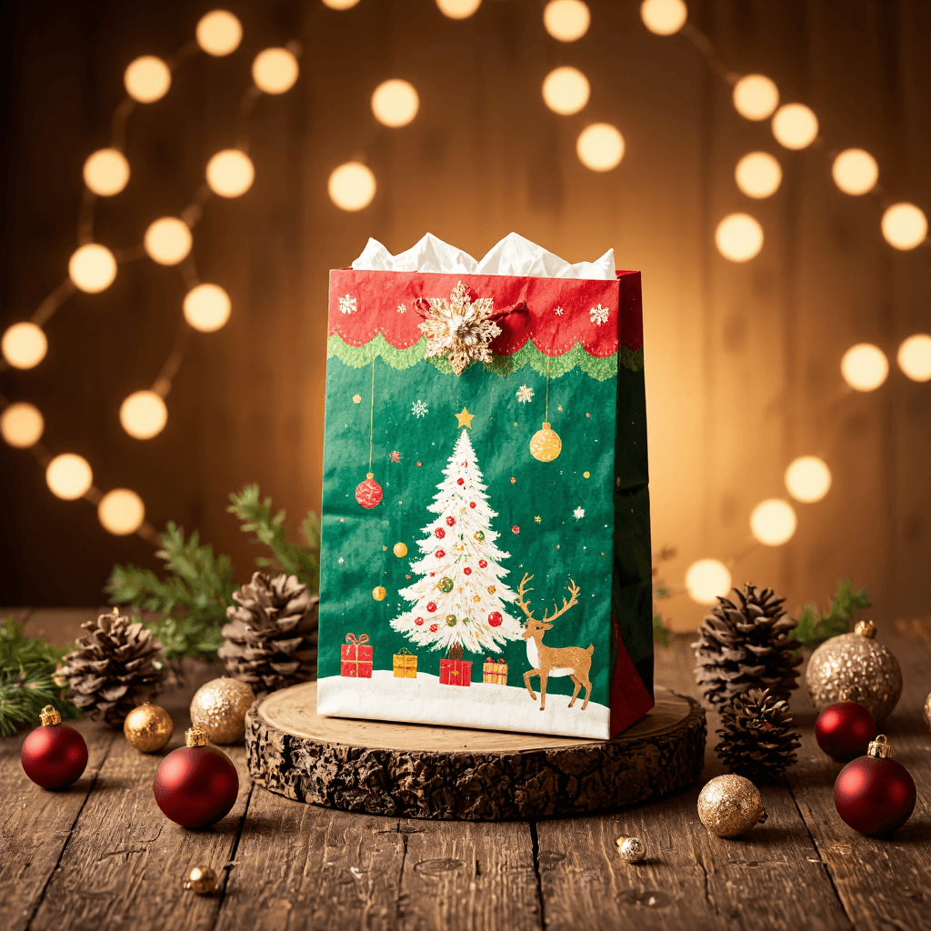 product photography of a decorative gift bag for Christmas