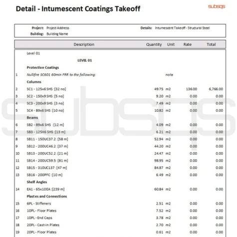 screenshot of final PDF copy report for intumescent coatings takeoff showing sdeatiled takeoff quantities page by SubsQS Ltd