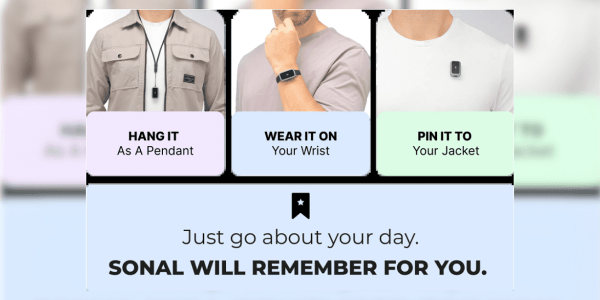 Sonal AI wearable: hang, wear, or pin it to capture and remember life's moments effortlessly.