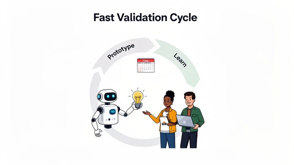 A diagram illustrating a 'Fast Validation Cycle' with prototype and learn phases, featuring a robot and people.