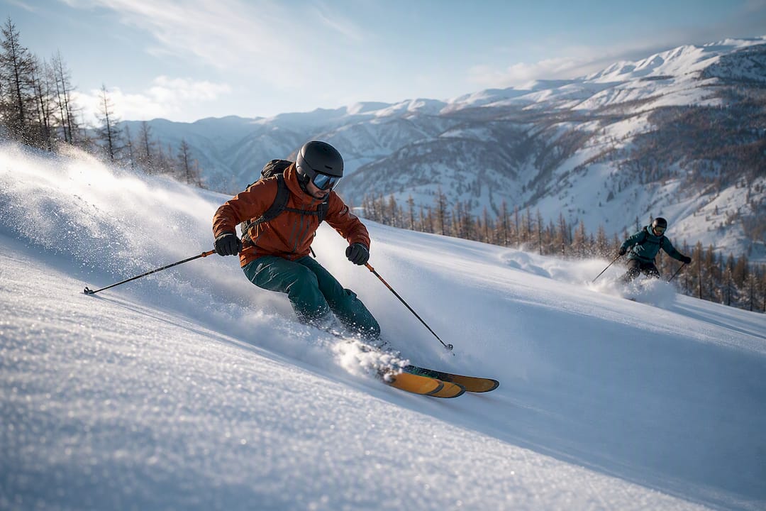 Skier descending a powder slope in the Western Altai