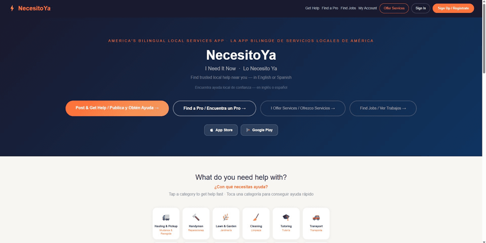 "Webpage for NecesitoYa, a bilingual local services app. The header features navigation links and a sign-up button. A central search bar allows finding services or jobs in English or Spanish. Categories such as 'Plumbing', 'Cleaning', and 'Tutoring' are displayed below, inviting users to select their help needs. The tone is professional and helpful."