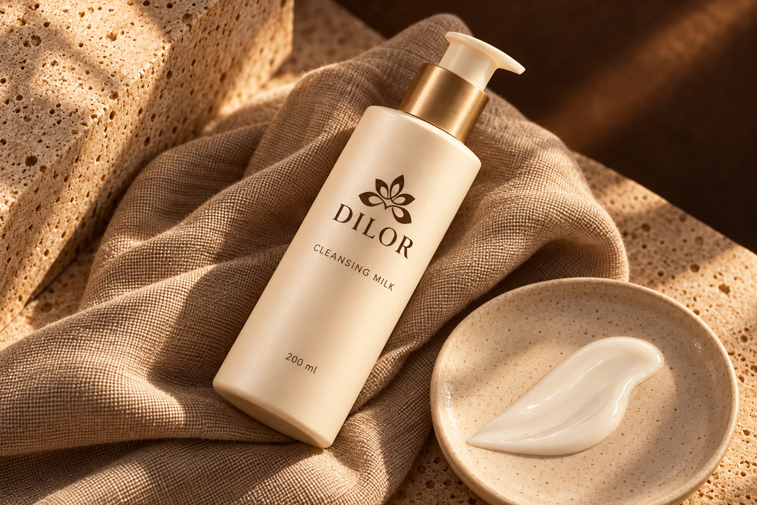 Dilor cleansing milk on linen beside a milky texture