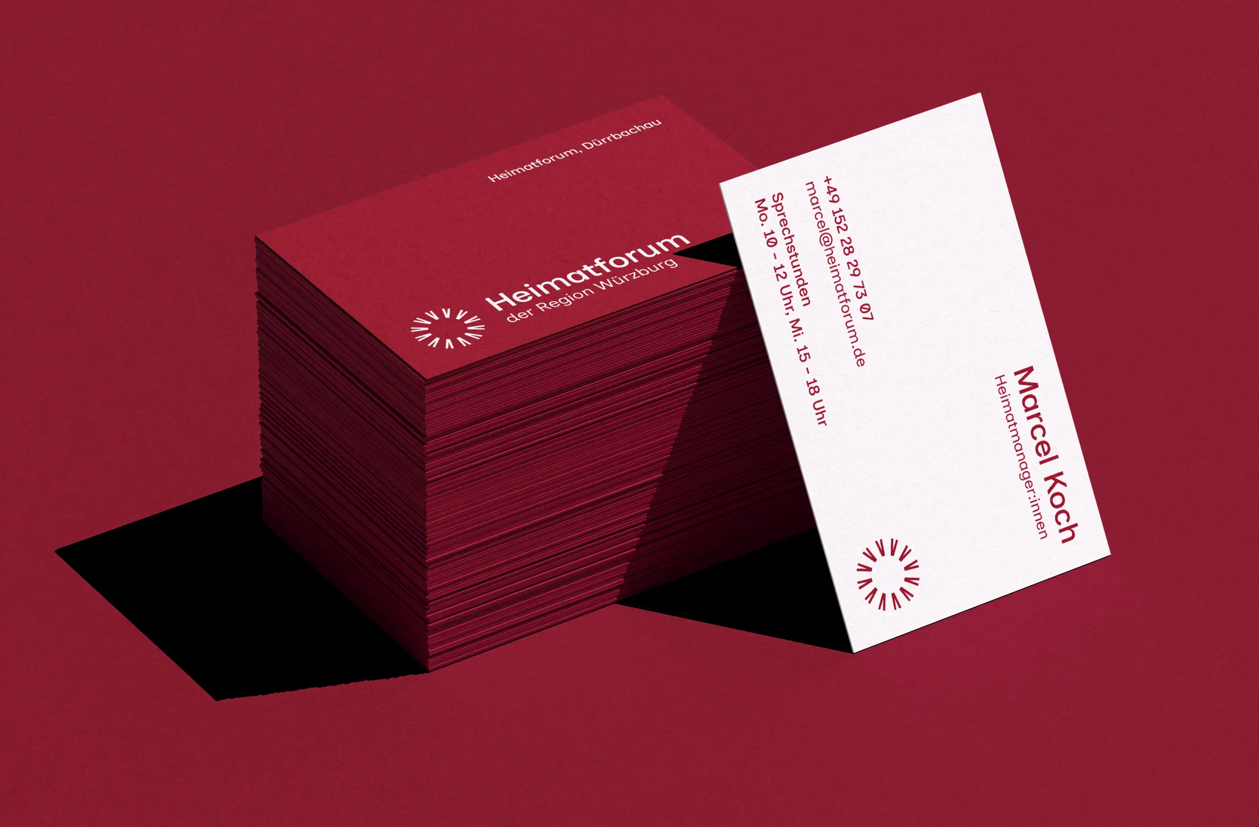 Visitenkarten-Mockup für Heimatforum der Region Würzburg mit Kontaktdaten von Marcel Koch.