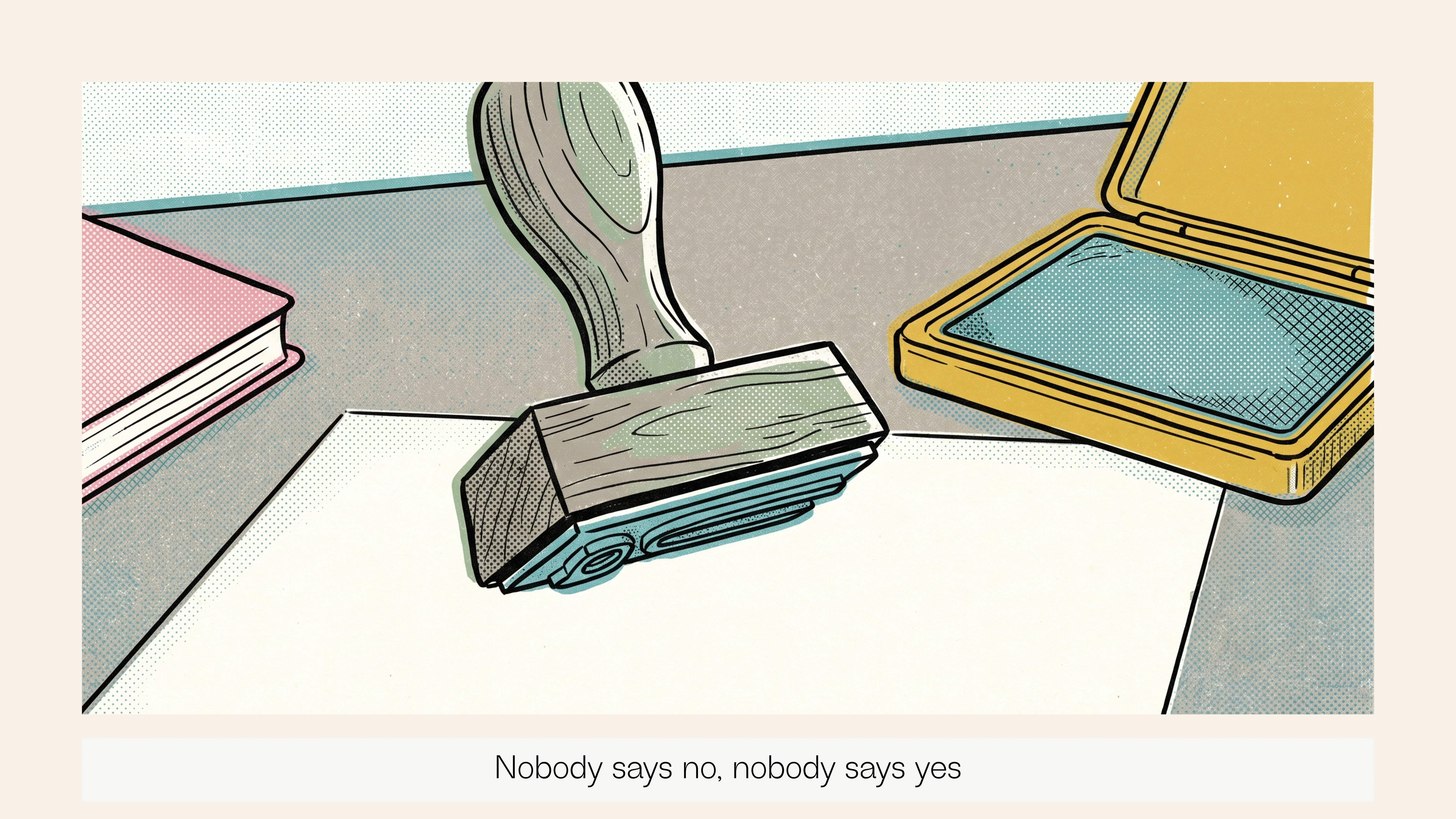 Rubber stamp and ink pad on a document