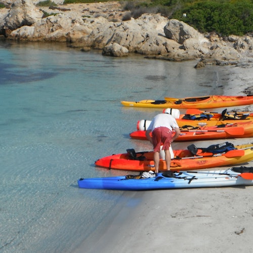 A person stands on a sandy shore, securing items into one of several colorful kayaks lined up near the water. Rocky terrain is visible in the background.