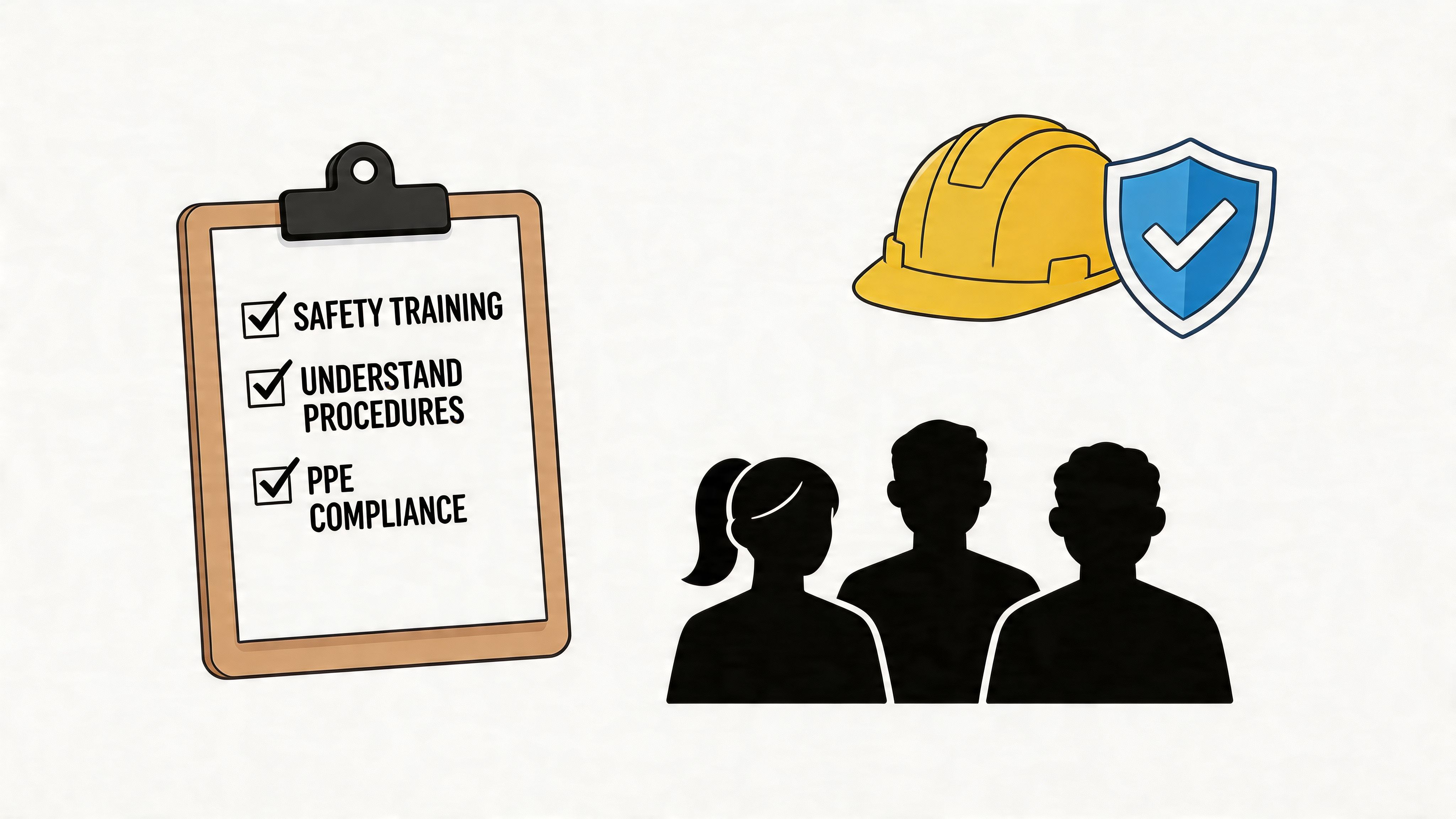 A safety checklist clipboard next to a hard hat, shield icon, and group of employees silhouettes.