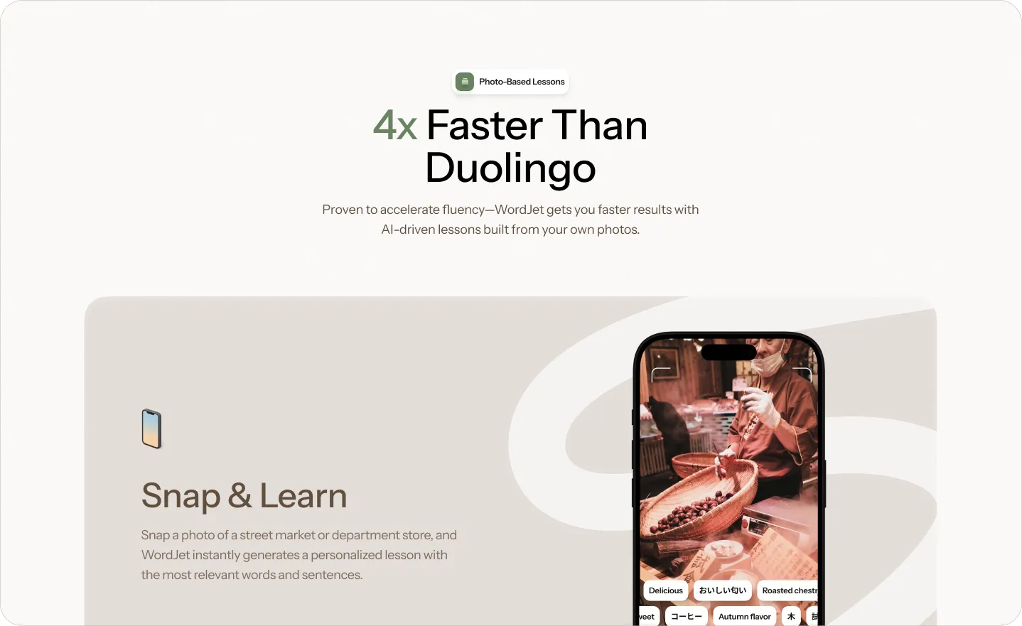 Landing page UI design highlighting AI-driven photo lessons and faster language learning
