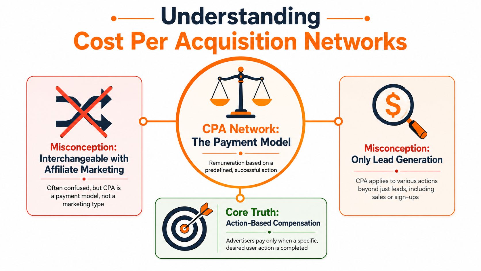 An infographic explaining Cost Per Acquisition networks by debunking common misconceptions about marketing and payment models.