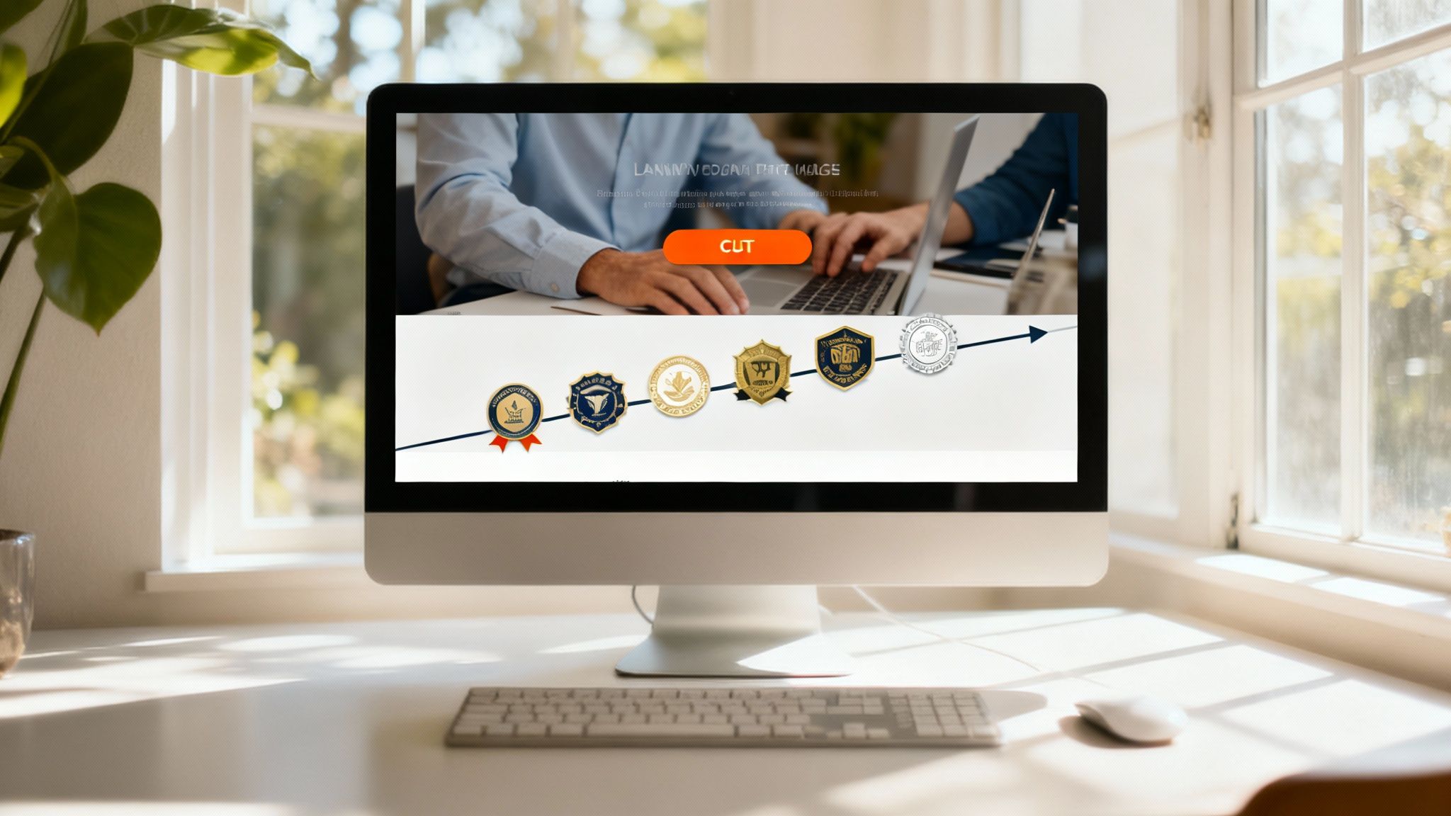 A person pointing at a laptop screen showing website analytics and lead data.