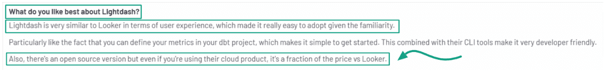 LightDash user review highlighting dbt-based metrics and familiar user experience