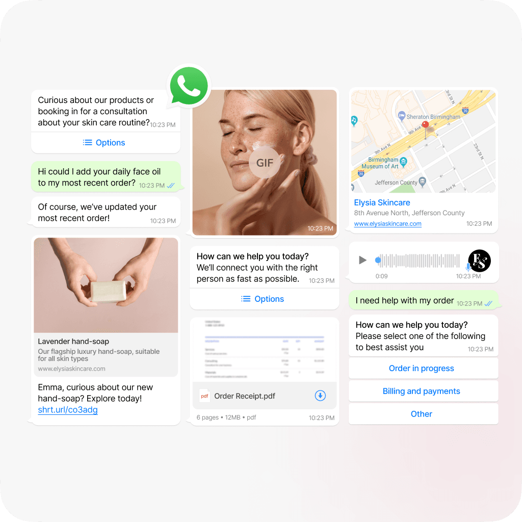 Customer support and product inquiry interface for Elysia Skincare via WhatsApp, showcasing options for booking consultations, product inquiries, order updates, and customer service help. Includes interactive elements like location details, GIFs, order receipts, and live chat.