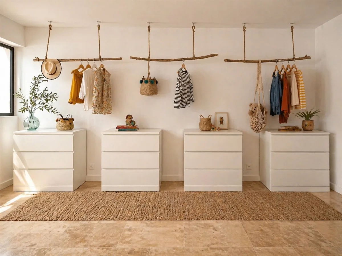 Chambre d'enfants avec solution de rangement créative, barres en bois naturel suspendues et commodes blanches sur tapis en jute