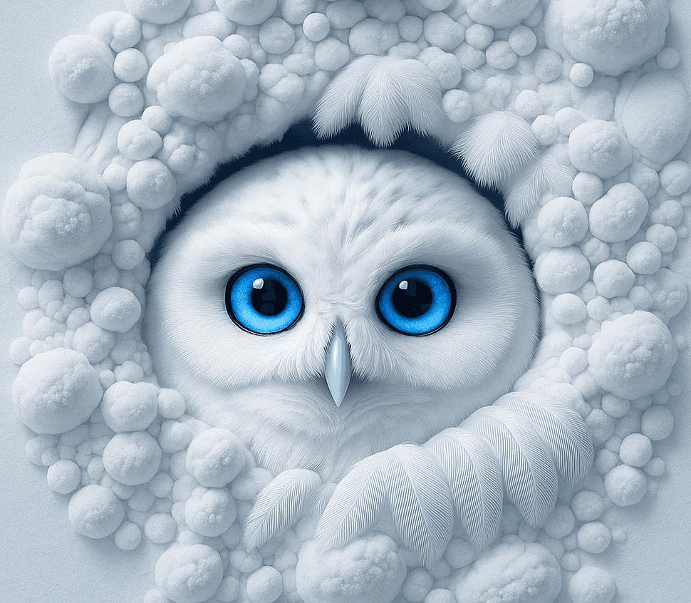 Close-up illustration of a white owl with bright blue eyes, representing AI intelligence and clarity.