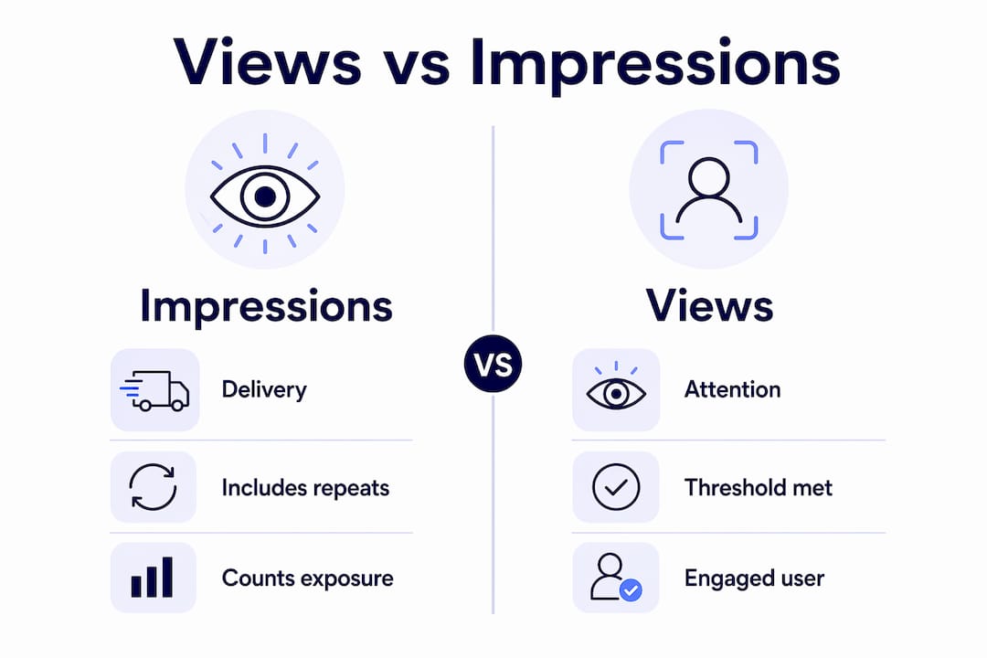 Infographic comparing views and impressions attributes
