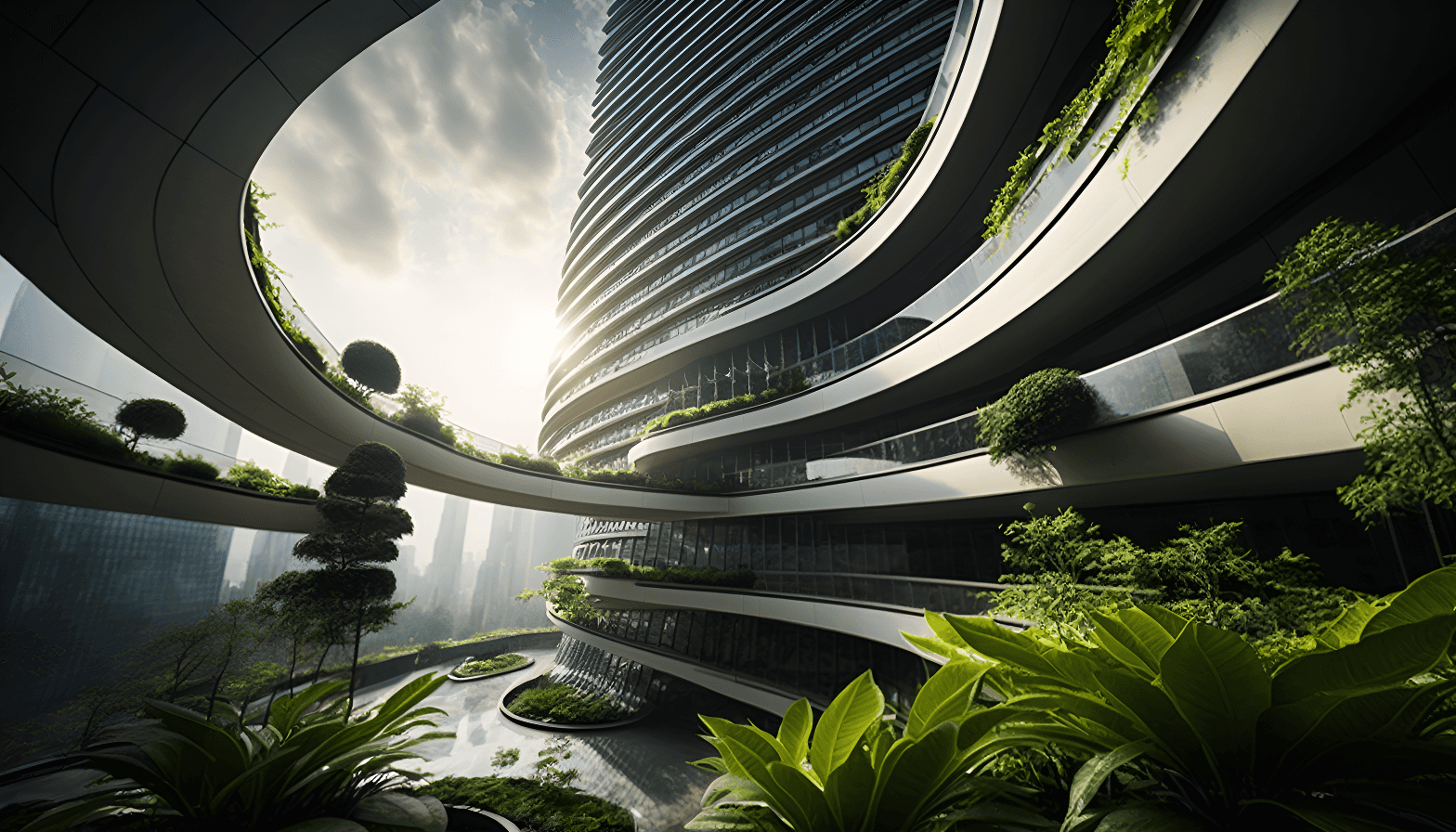 Futuristic spiral tower with flowing curves, integrated vegetation, and dramatic upward perspective