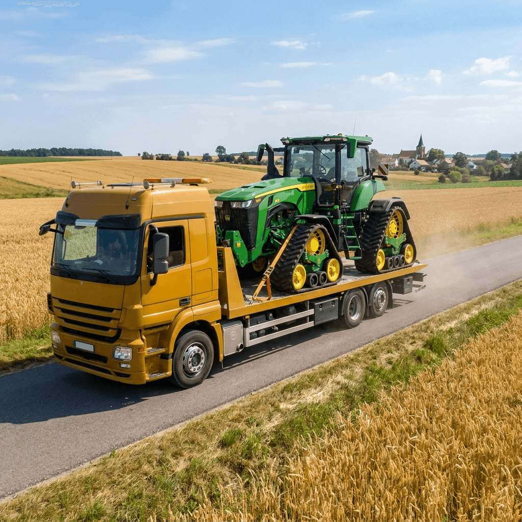 załadunek maszyny budowlanej na lawetę za pomocą dźwigu HDS