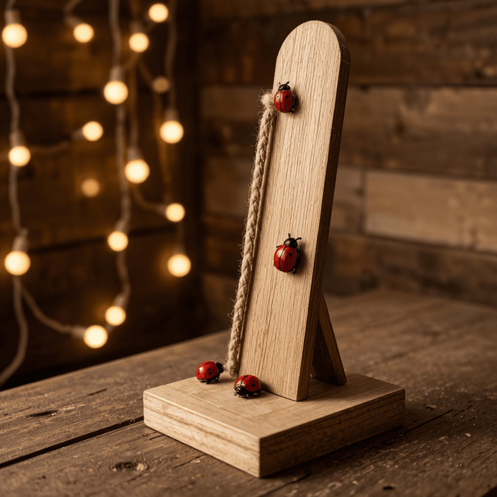 product photography of a wooden display stand with decorative rope and ladybug accents