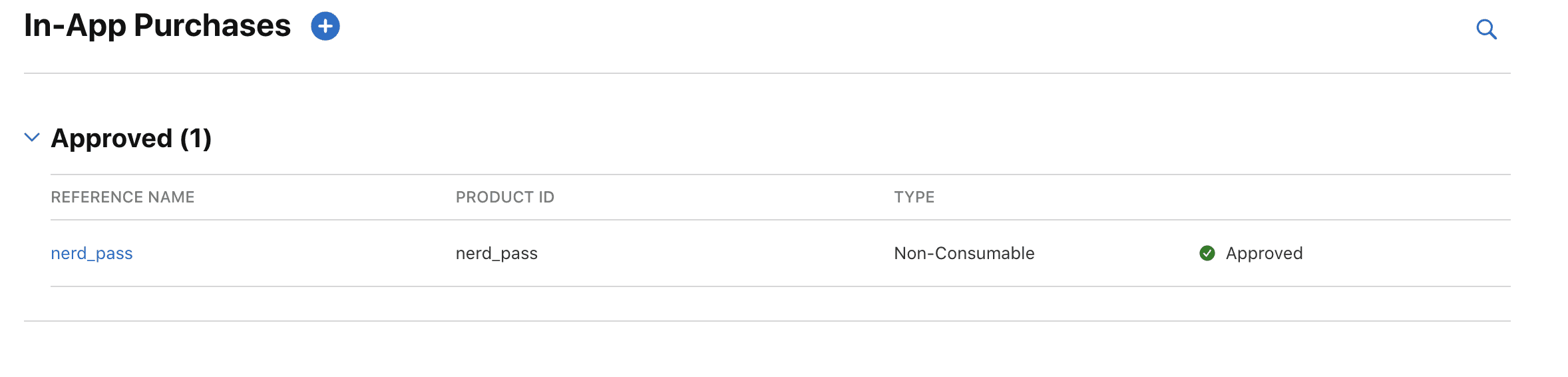 App Store Connect In-App Purchases showing nerd_pass as approved Non-Consumable