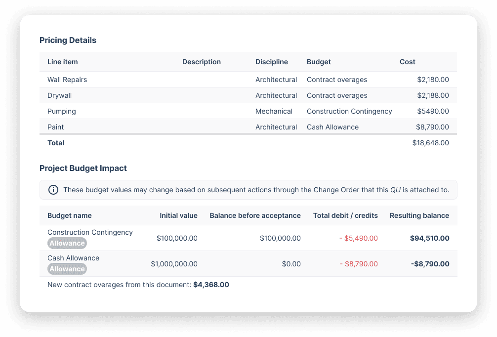 Part3's construction pay app showing cost breakdown and budget impact