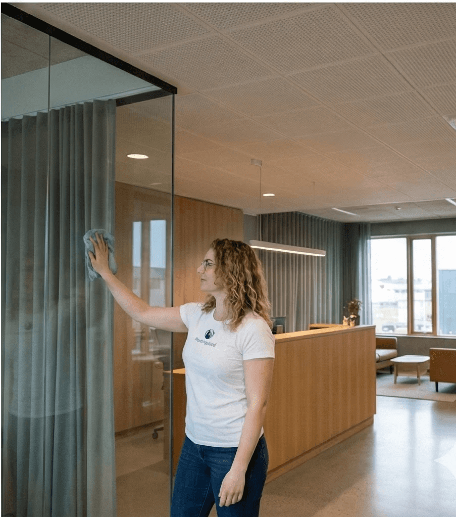 Starfsmaður að pússa glervegg í móttöku eða gangi skrifstofu.