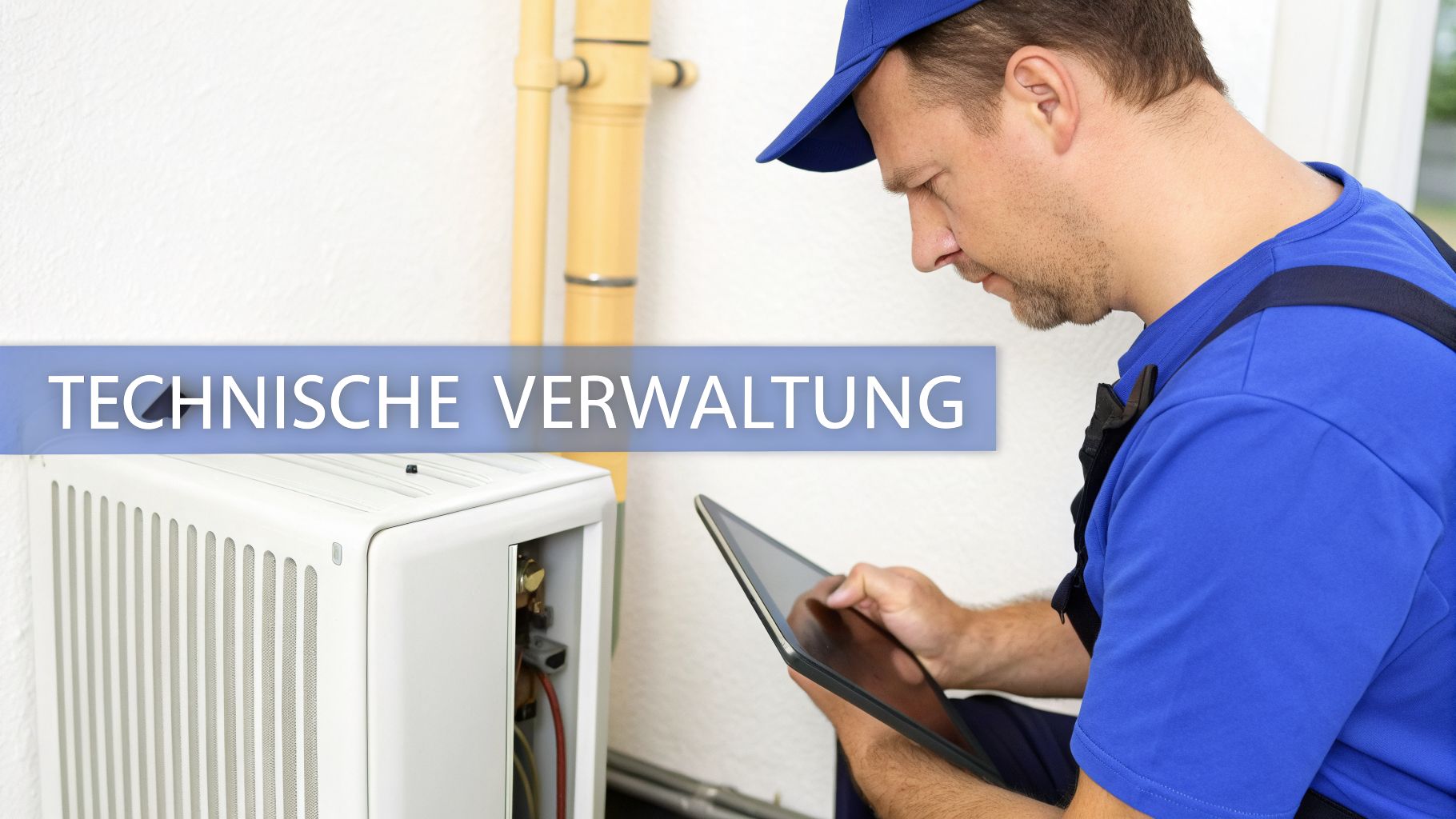 Ein Techniker in Arbeitskleidung prüft eine technische Anlage und arbeitet an einem Tablet. Ein Banner zeigt „TECHNISCHE VERWALTUNG“.