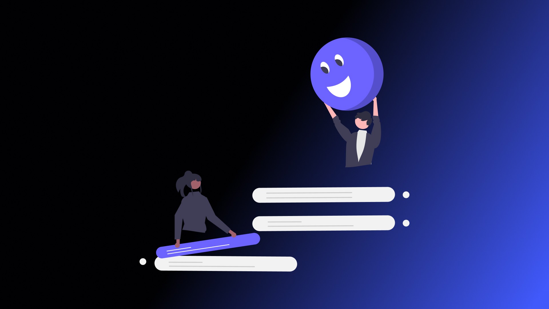 An illustration of two people interacting in an online chat, sharing words and emoji reactions.