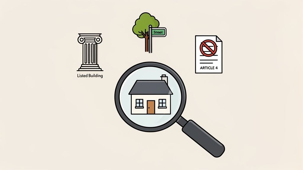A magnifying glass examining a house with icons for listed building, street, and Article 4 restrictions.
