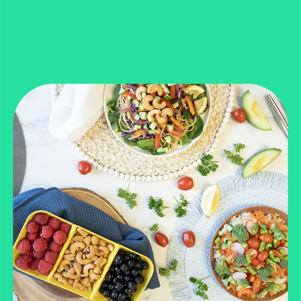 Top down image showcasing different healthy ingredients and meals