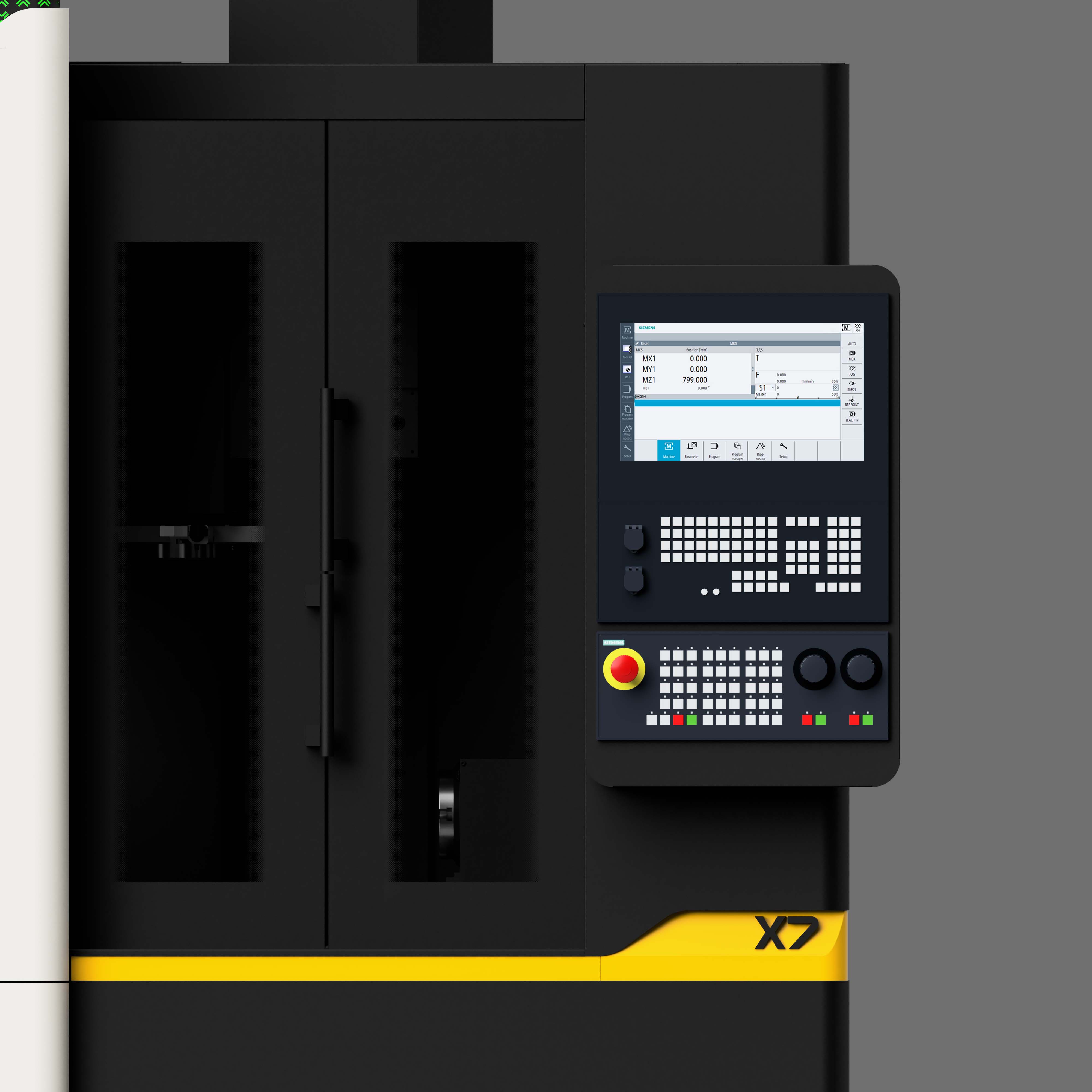 Rendering showing a corner detail and the bar chart graphic on the display.