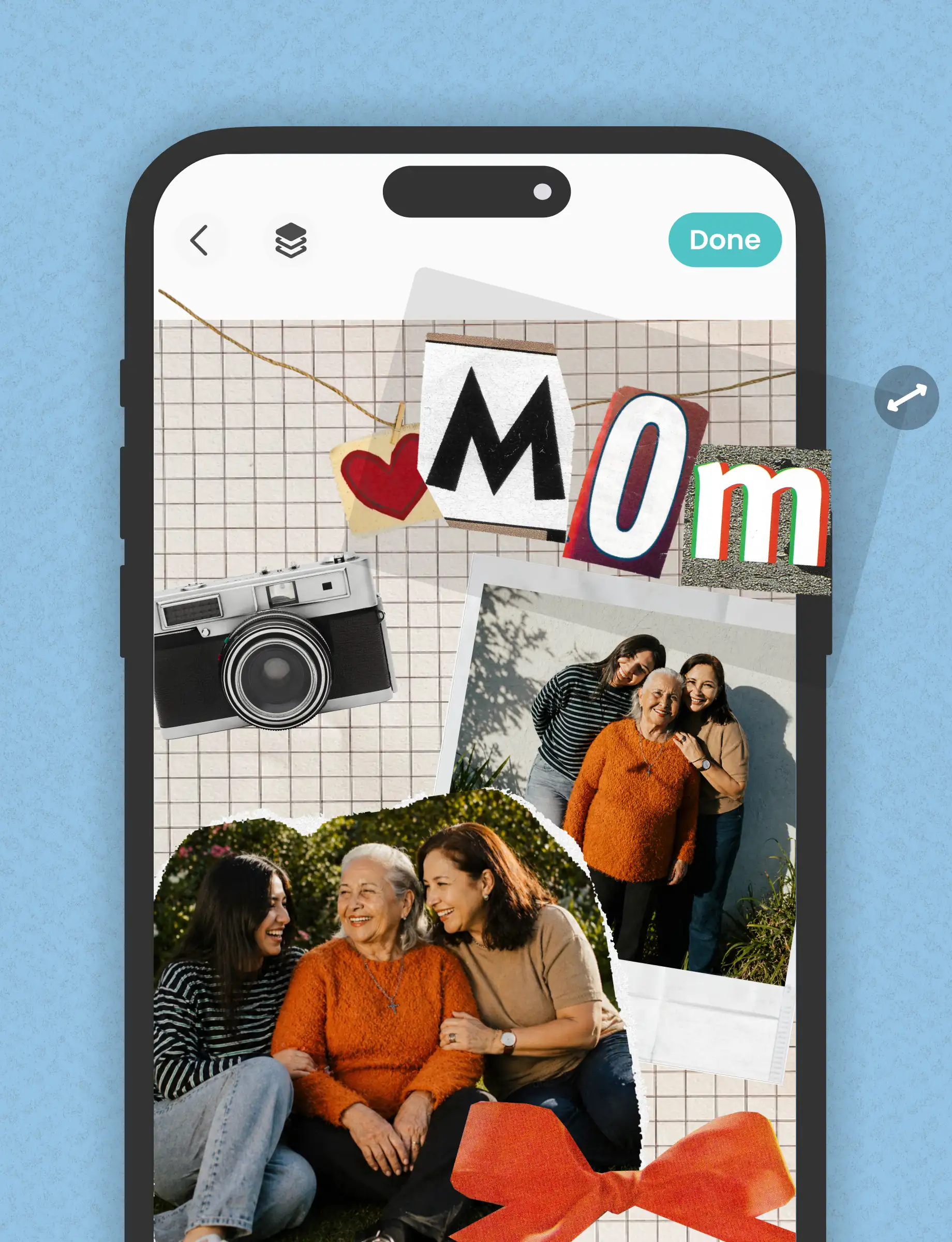 Phone showing a Mother's Day card collage with photos of three generations of women and a 'Mom' cut-out