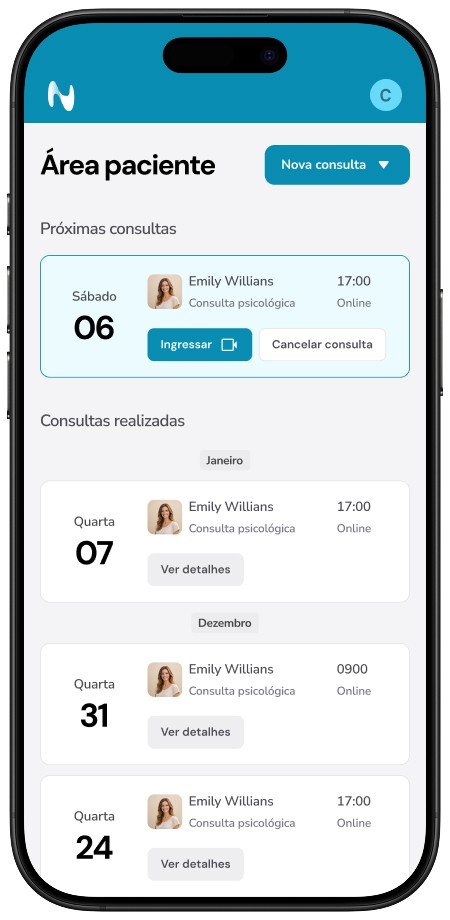 Celular mostrando a página de consultas do OnMind