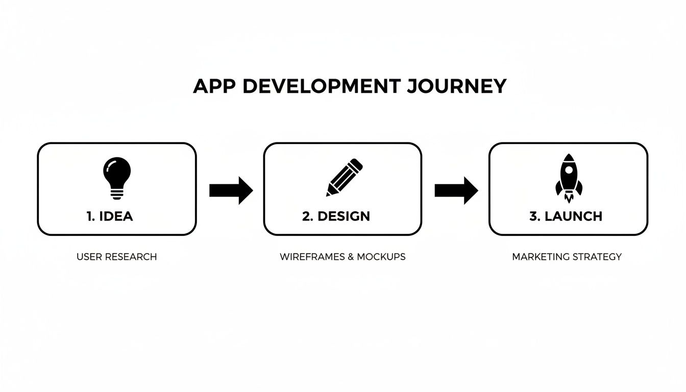 A clear diagram outlining the app development journey: Idea, Design, and Launch phases.