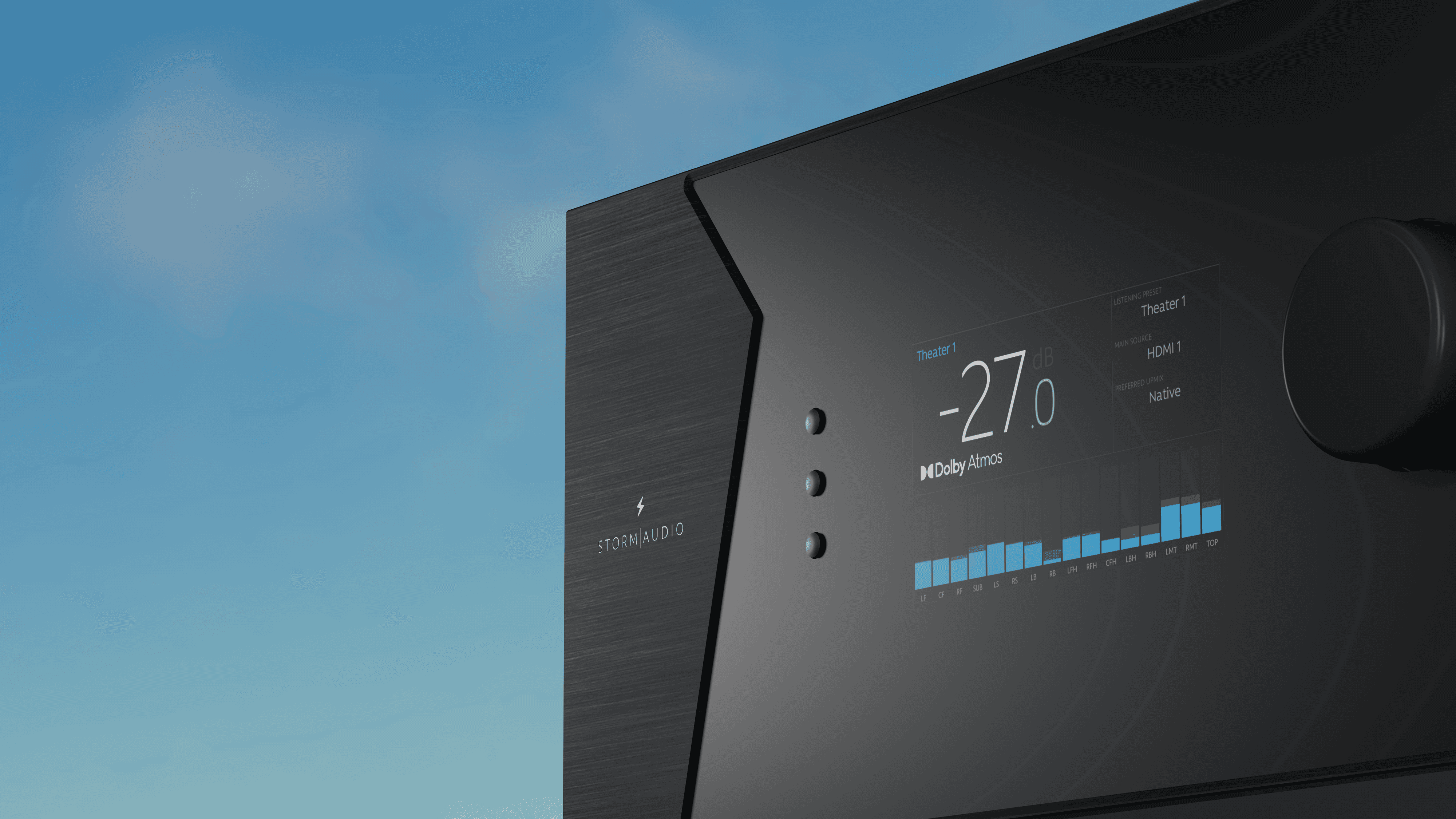 StormAudio receiver front panel with Dolby Atmos display