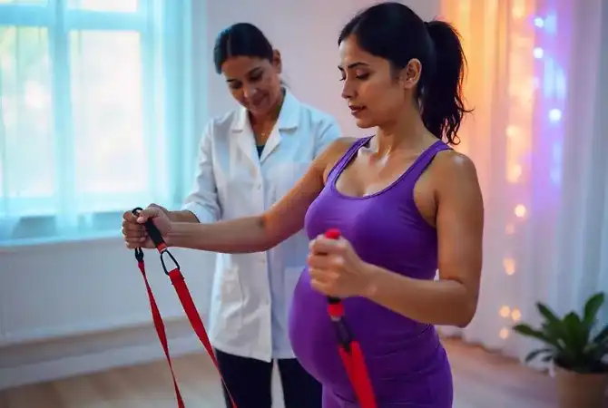 A pregnant woman performing guided resistance-band exercises under the supervision of a physiotherapist during a prenatal physiotherapy session.