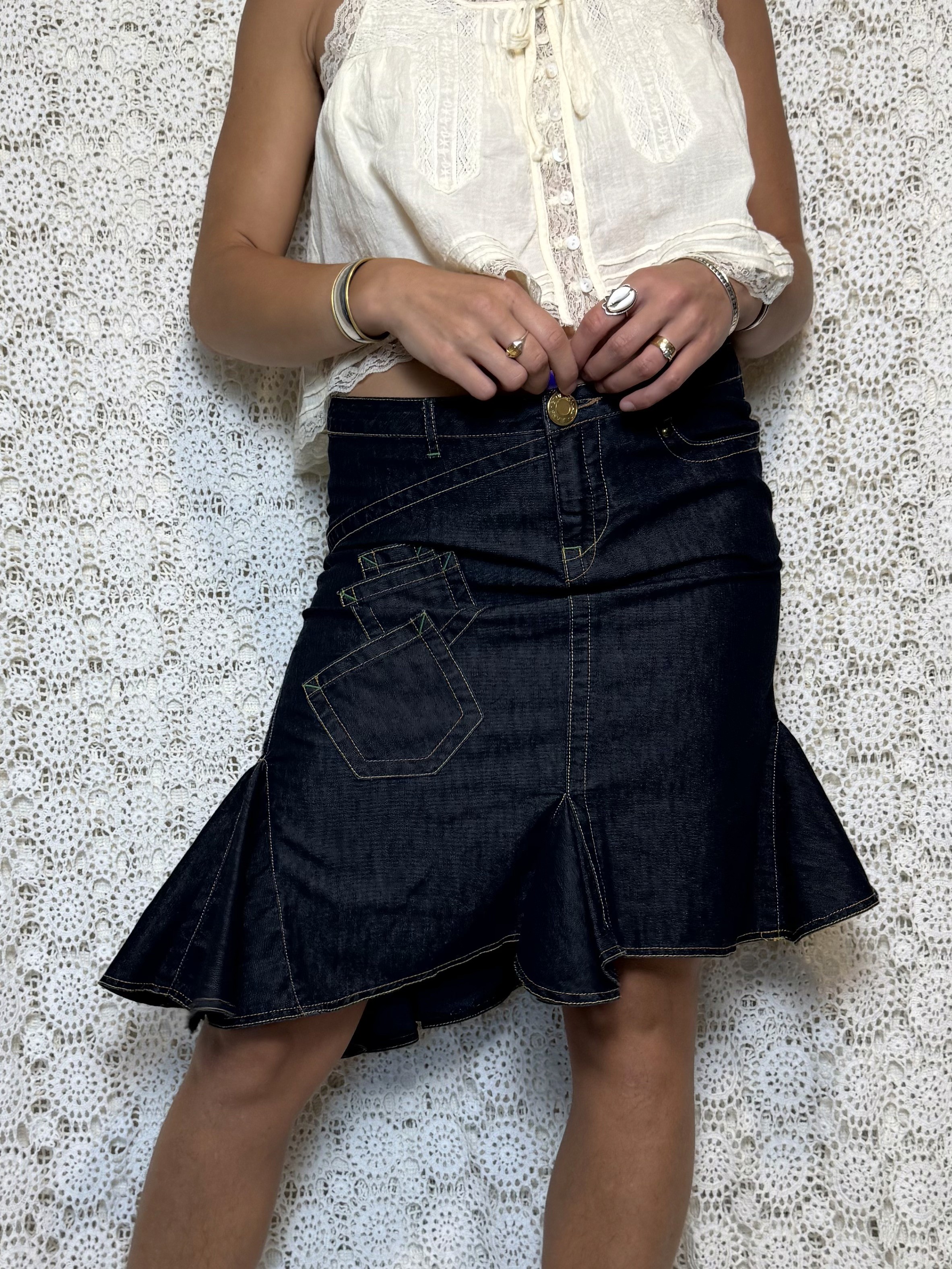 y2k ruffle asymmetrical multi pocket chambray denim skirt