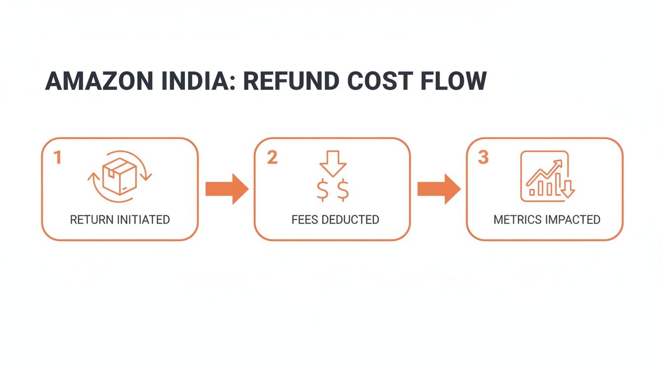 Flowchart illustrating Amazon India's refund cost process, detailing return initiation, fee deduction, and impacted metrics.