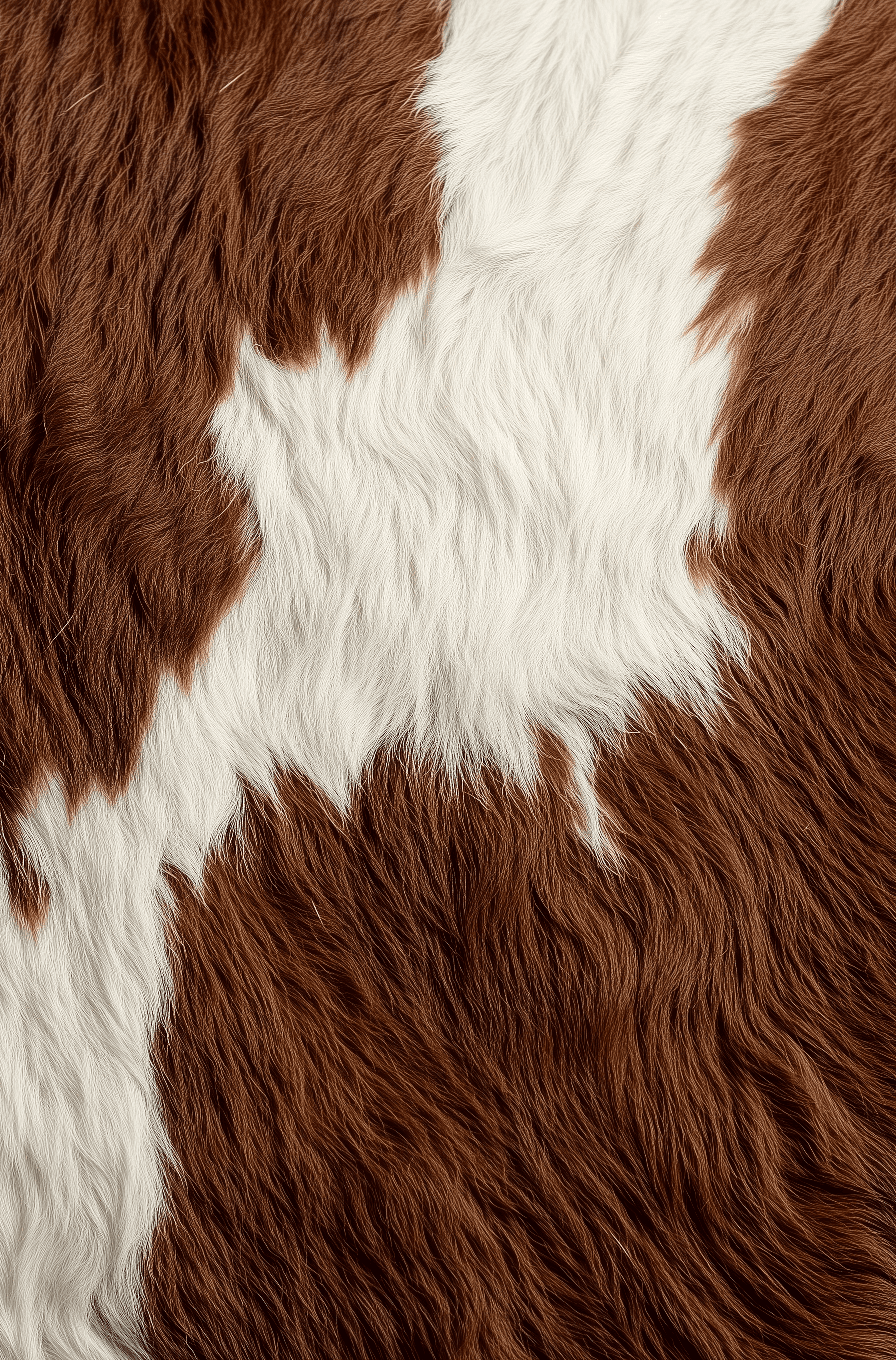 A close-up of a cow's skin pattern, featuring a brown and white color combination with a natural texture background, in the style of high-definition photography. The composition is symmetrical, with the center point in a front view, highlighting the details and textures. Bright light illuminates the soft fur material. The high-resolution detail display and rich colors and patterns add vitality to the animal elements.