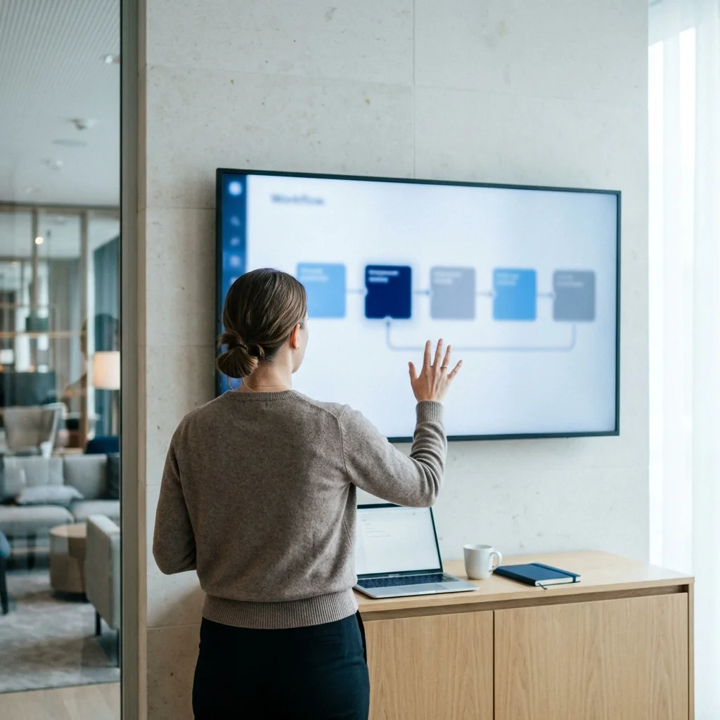 Frau zeigt auf ein Workflow-Diagramm auf einem wandmontierten Bildschirm in einem modernen Büro