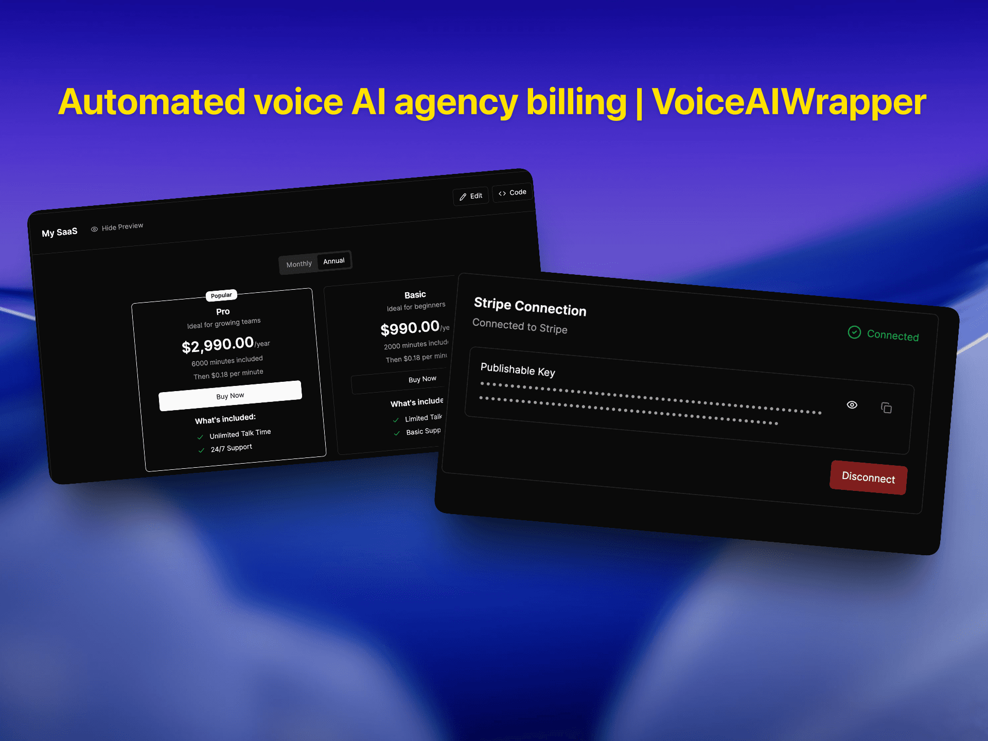 SaaS pricing plans with Stripe integration showing automated client billing, subscription tiers, and API key management for agencies | VoiceAIWrapper
