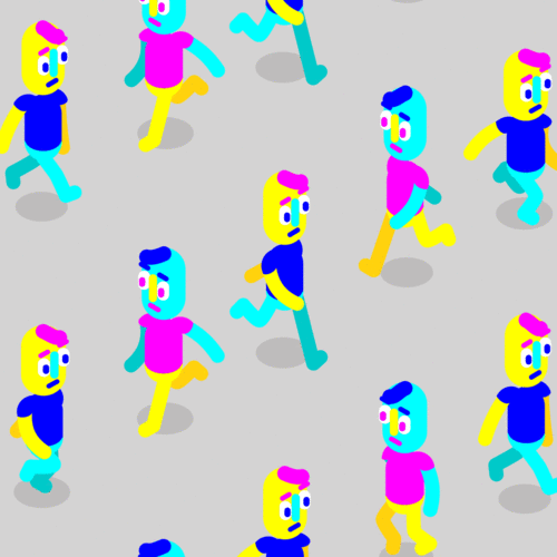 Animation of a isometric pattern of running characters.