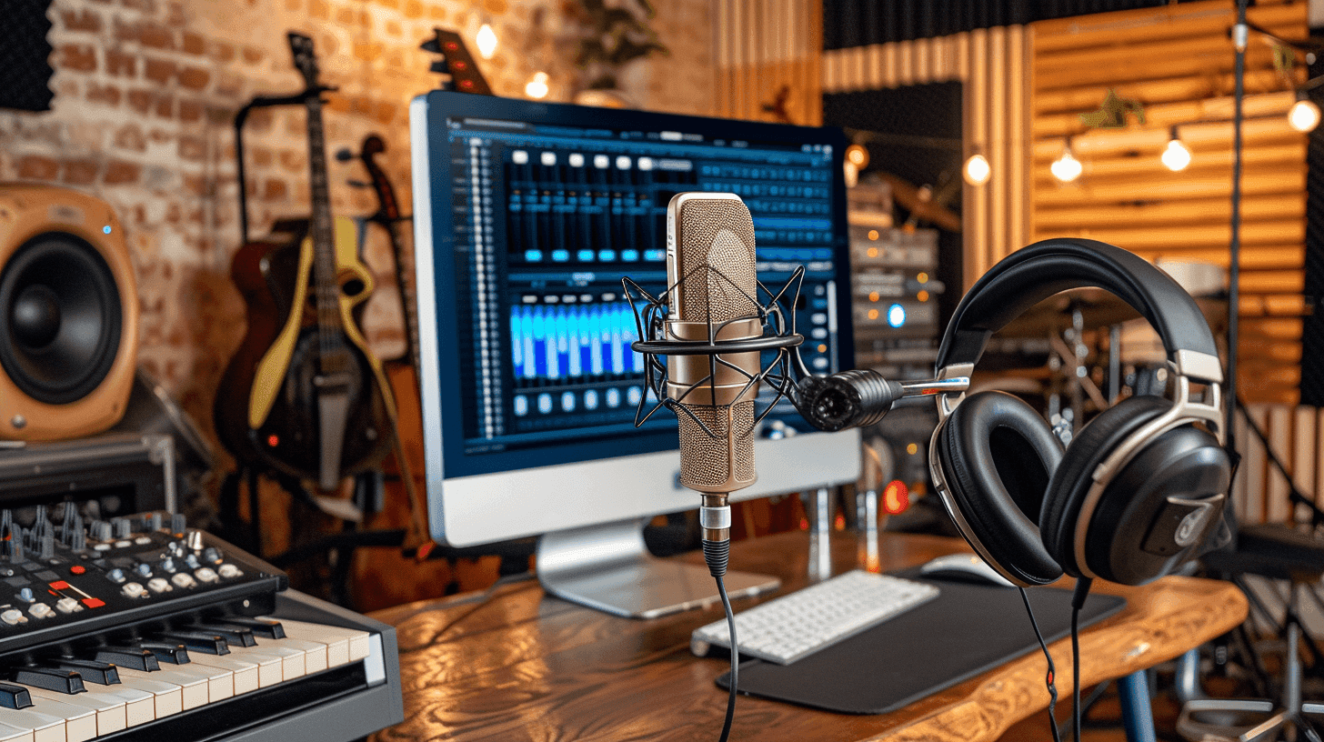 Headphones and a microphone set up in front of instruments and a computer