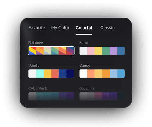 Color palette selection interface featuring "Rainbow," "Forid," "Vanilla," "Candy," "CyberPunk," and "Dazzling" options.